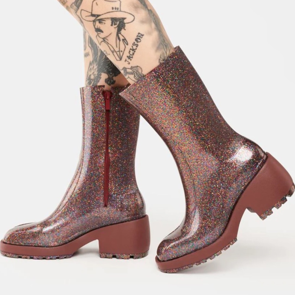 Melissa Nancy Boots Pink Glitter Chunky Rubber Rain Boots Y2K Rave Punk - Size 9 - Picture 13 of 13